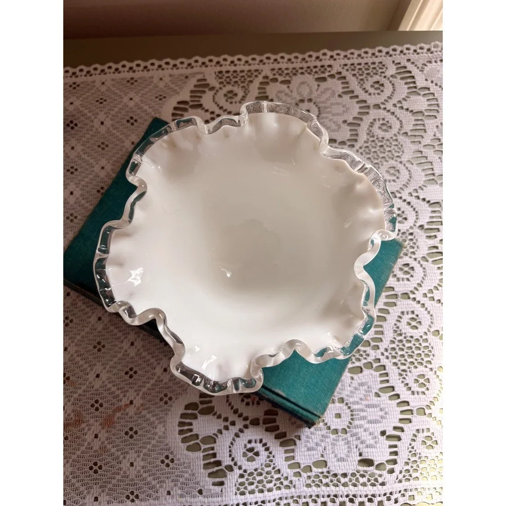 Fenton Milk Glass Silver Crest Ruffled Bowl Vintage White Clear Scalloped Edge